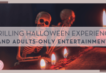 skeletons by flames with words 'thrilling halloween experiences and adults only entertainment'